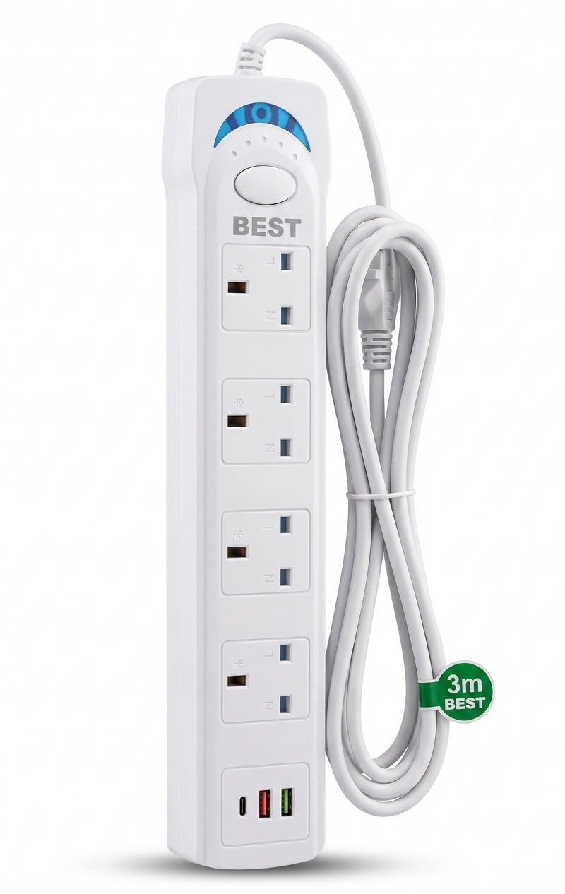 Best 5105U-3M Power Socket Extension Lead with 4 AC Outlets & 3 USB Ports – 3M Cable – Advanced Safety Protection