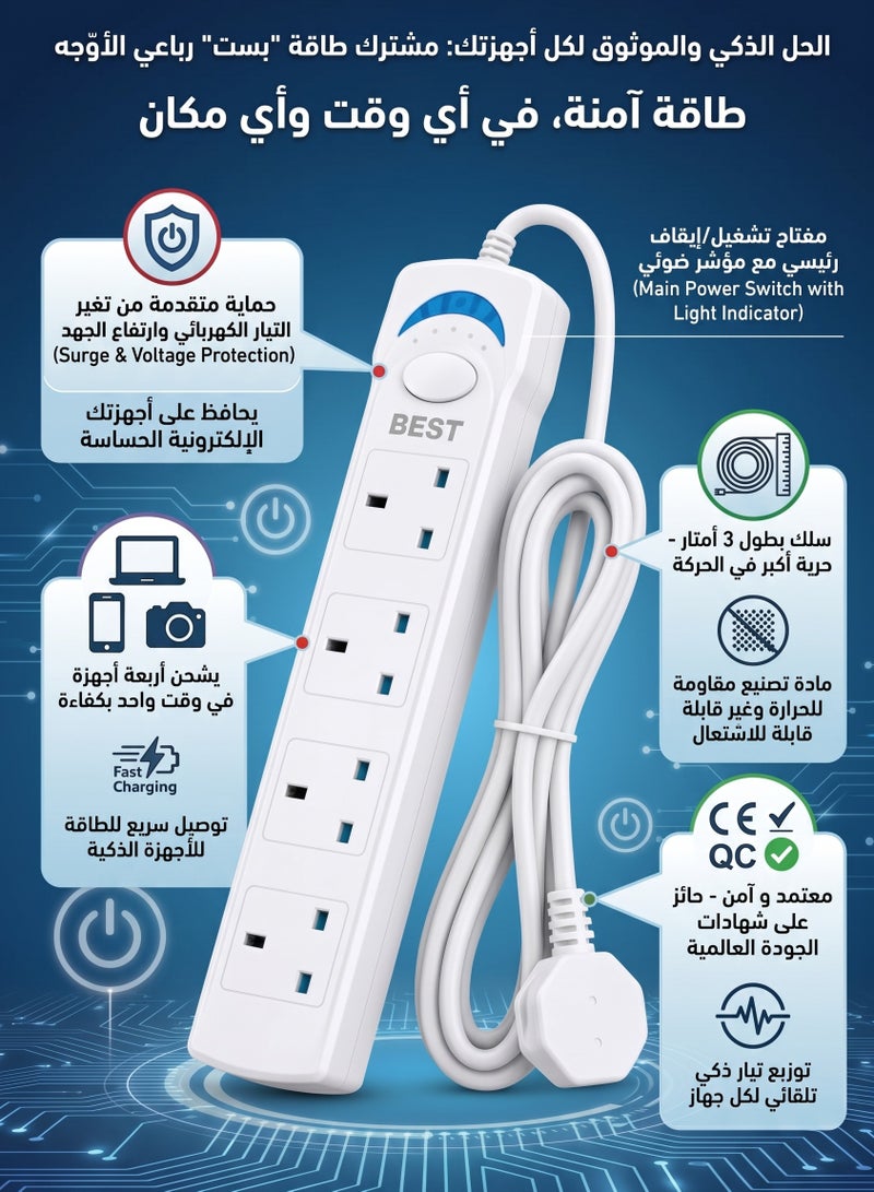 Best 5104-3M Power Socket Extension Lead with 4 AC Outlets – 3M Cable – Advanced Safety Protection - Image 4