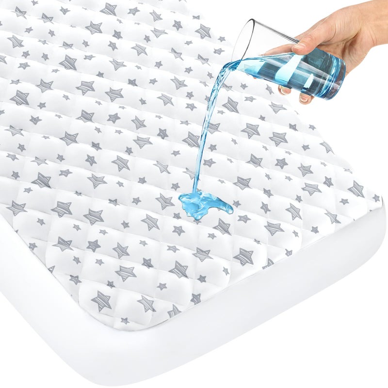 Crib Mattress Protector Waterproof Quilted Crib Mattress Pad Cover 52 x 28 Extra Soft Breathable Toddler Bed Cover Stretch Up to 8 White Star