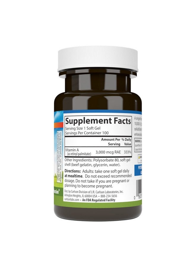 Carlson فيتامين أ 10000 وحدة دولية (3000 ميكروغرام رAE) دعم المناعة الصحي البصري مضاد أكسدة 100 كبسولة لينة - Image 3