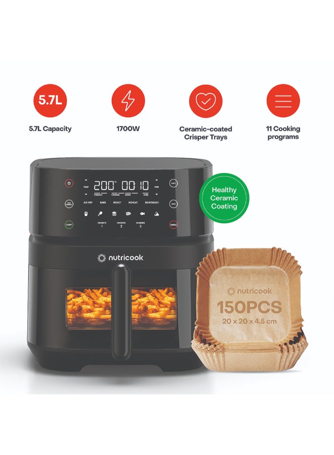 Digital Air Fryer Vision, 5.7L Capacity with Clear Window and Internal Lights,6 Presets, Air Fry, Roast, Bake, Broil, Dehydrate & Reheat, 2 Years Warranty, Amazon Exclusive 5.7 L 1700 W NC-AF357V+NC-AFL150 Black