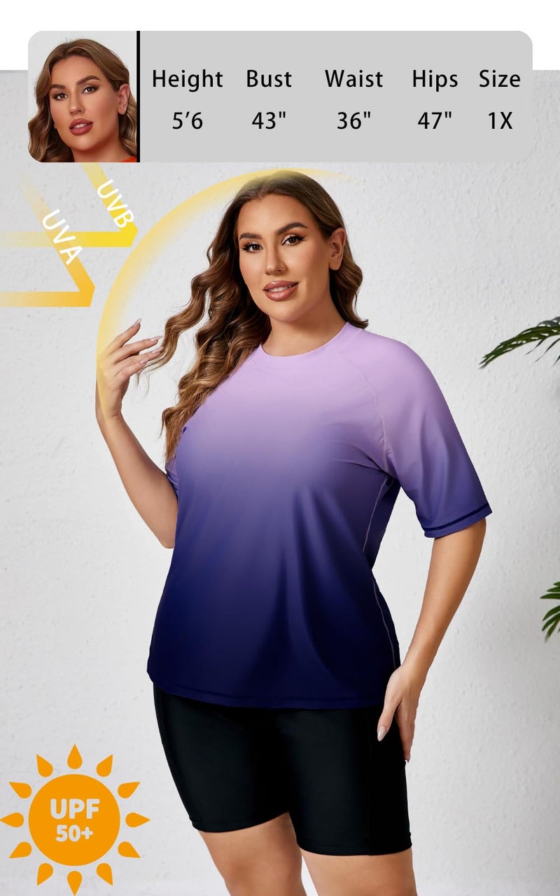 Halcurt Women Plus Size Rash Guard Swimwear Built in Bra Two Piece Swimsuit Shirt and Shorts Purple 2X - Image 4