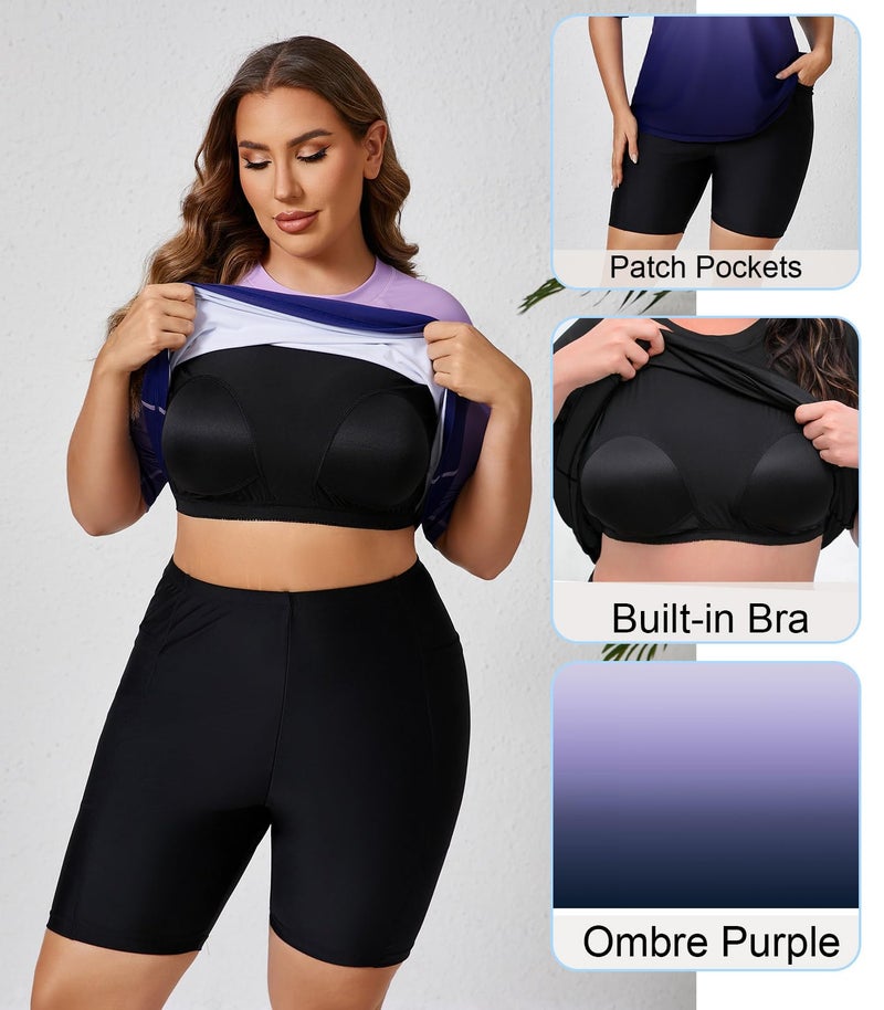 Halcurt Women Plus Size Rash Guard Swimwear Built in Bra Two Piece Swimsuit Shirt and Shorts Purple 2X - Image 5