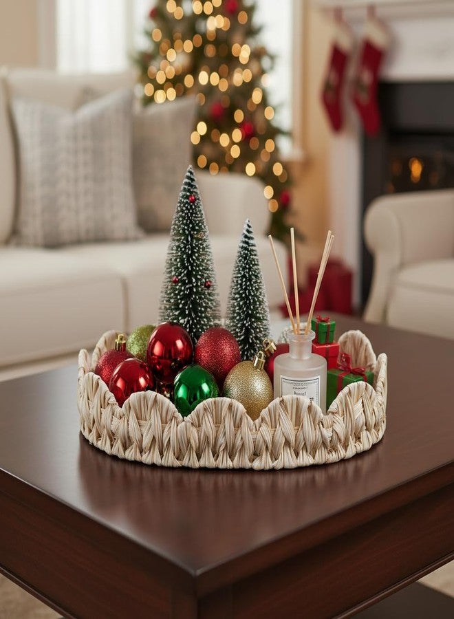 Coeusy 16.5 inch Round Wicker Tray, Boho Decorative Coffee Table Tray,Woven Serving Tray with Handles,Wicker Scallop Basket - Image 3