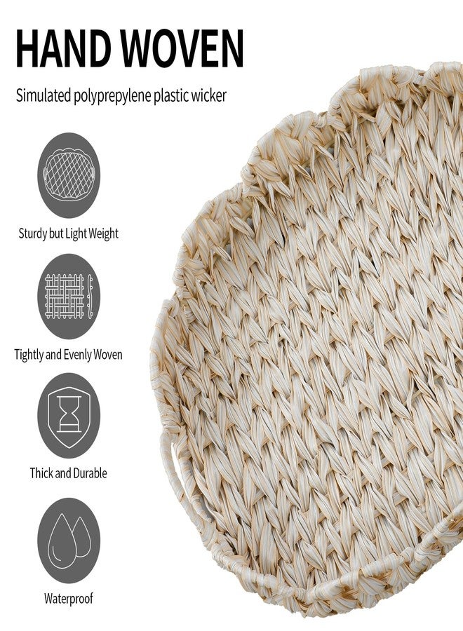 Coeusy 16.5 inch Round Wicker Tray, Boho Decorative Coffee Table Tray,Woven Serving Tray with Handles,Wicker Scallop Basket - Image 5