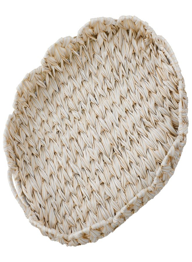 Coeusy 16.5 inch Round Wicker Tray, Boho Decorative Coffee Table Tray,Woven Serving Tray with Handles,Wicker Scallop Basket - Image 1