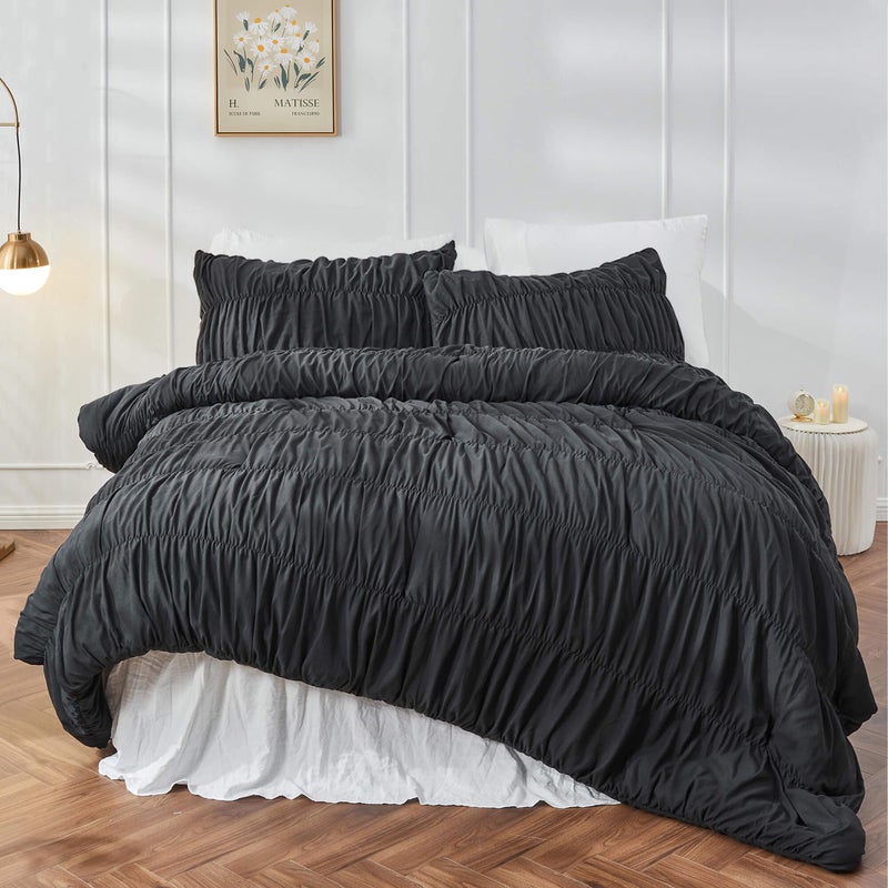 Queen Comforter Set  Black Boho Shabby Chic Bedding for Bedroom  Fluffy 3 Piece Ruffle Comforter Set with Pillow