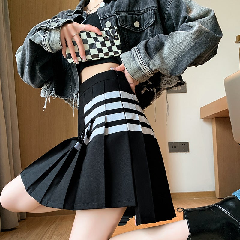 Pleated skirt womens four bars gray college style suit design sense autumn and winter ultra-short half A- line skirt jk skirt tb Black [white bar]]
