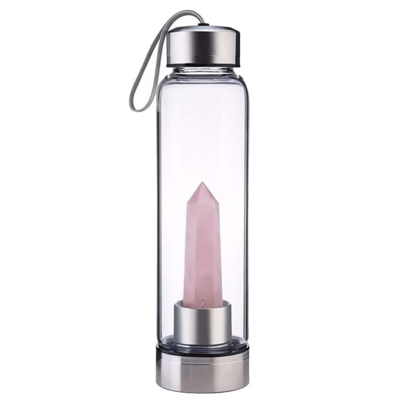 SeaHome Crystal Glass Water Bottle, Water Bottle with Gemstone Center Crystal Elixir Bottle with Natural Crystal Point Healing Obelisk Wand Energy Cup (rose quartz) - Image 1