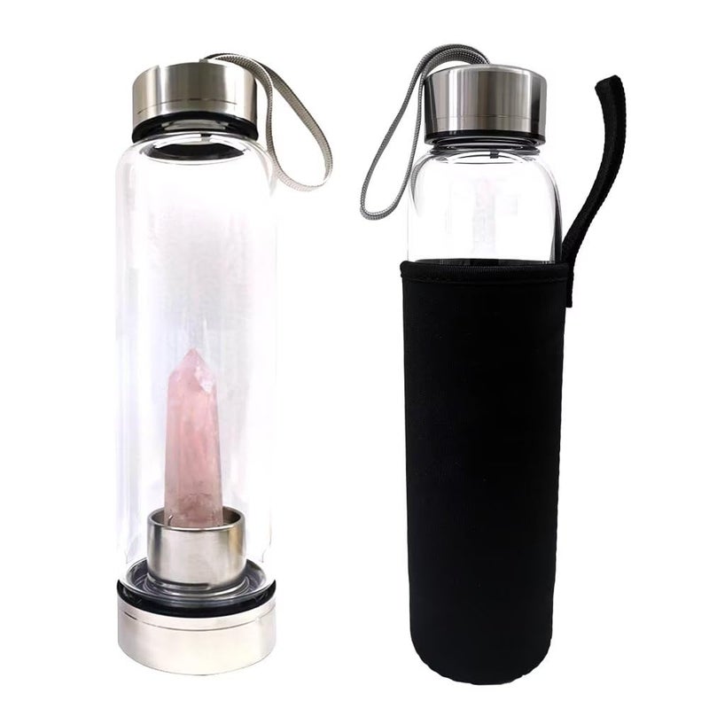 SeaHome Crystal Glass Water Bottle, Water Bottle with Gemstone Center Crystal Elixir Bottle with Natural Crystal Point Healing Obelisk Wand Energy Cup (rose quartz) - Image 3