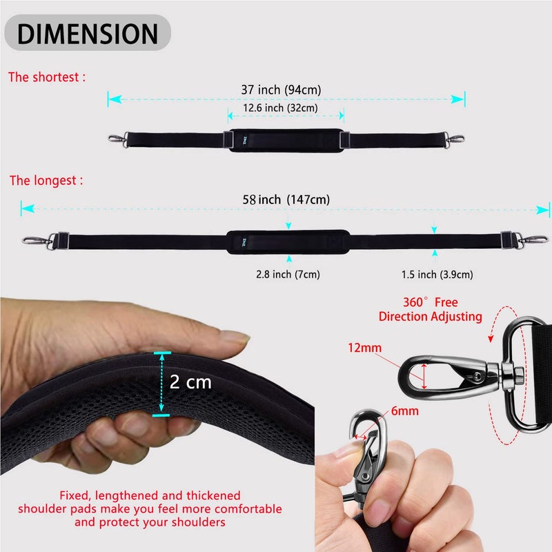 ZINZ Shoulder Strap 58" Universal Handbag Strap with Ultra-Thick Fixed Padded and Dual Balanced Adjustable Buckles Shoulder Crossbody Strap for Briefcase Messenger Bag Laptop Bag Luggageï¼ŒBlack - Image 2