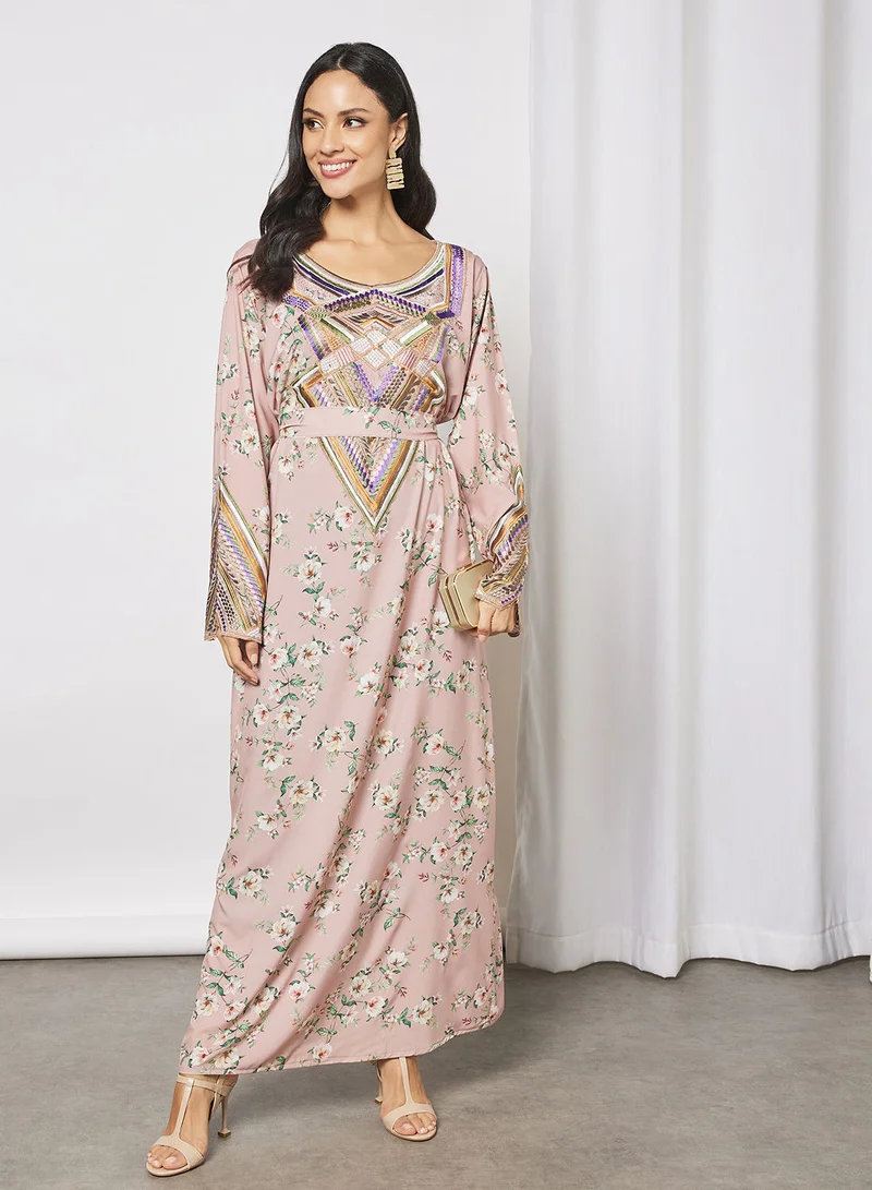 Hayat Jalabiya With Colored Abstract Embroidery In Front And Wrist With Belt