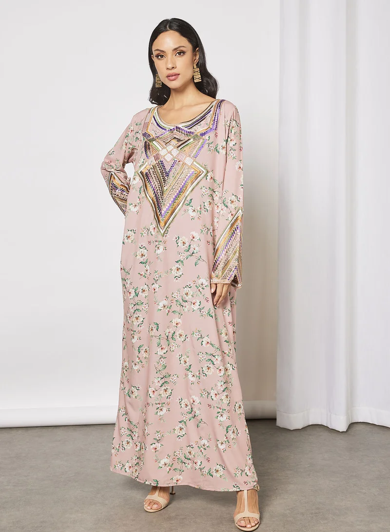 Hayat Jalabiya With Colored Abstract Embroidery In Front And Wrist With Belt