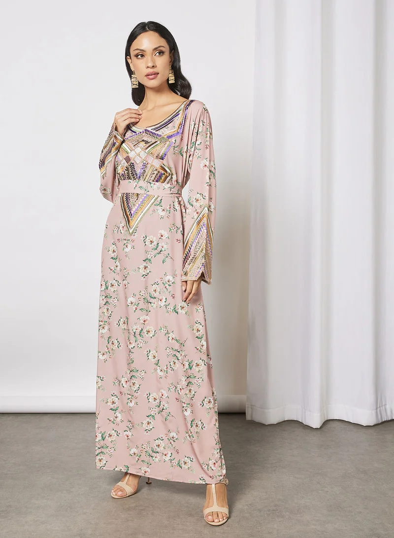 Hayat Jalabiya With Colored Abstract Embroidery In Front And Wrist With Belt