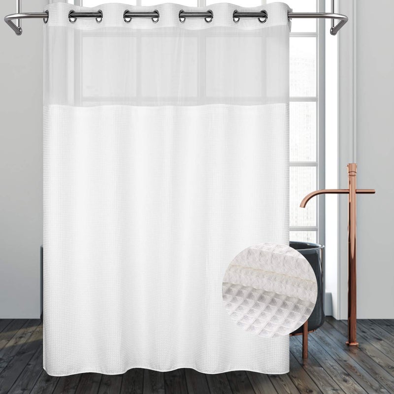 River Dream Extra Long Shower Curtain Set Cotton Blend Waffle Weave with Snap in Replacement Liner White 71 x 86 inches