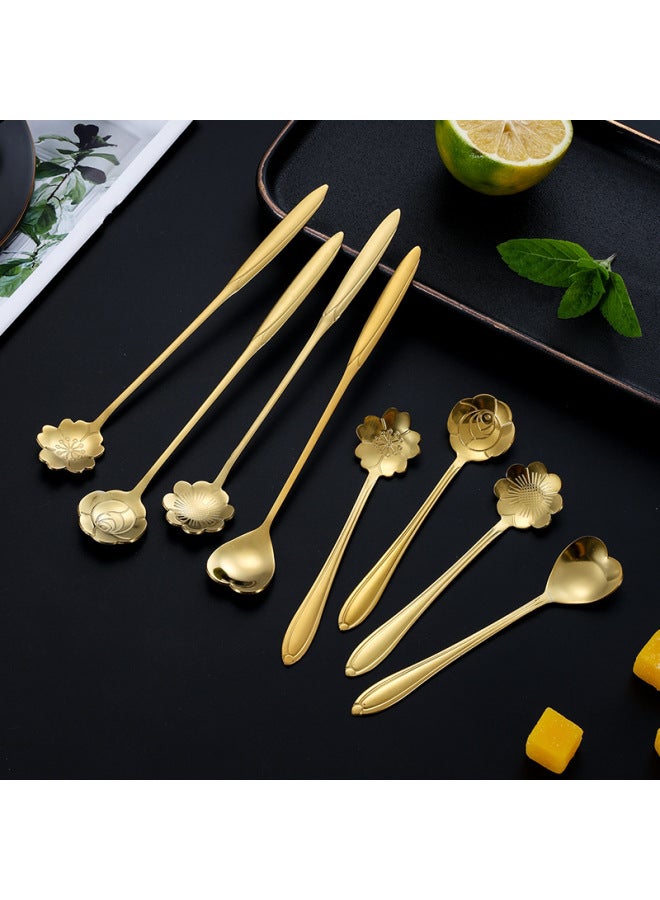 Stainless Steel Cherry Blossom Spoon Petal Long Handle Coffee Spoon Dessert Spoon Creative Cup Spoon Mixing Spoon Net Red Flower-shaped Long Spoon-Color:"Gold" 17CM-Specifications:Love Spoon