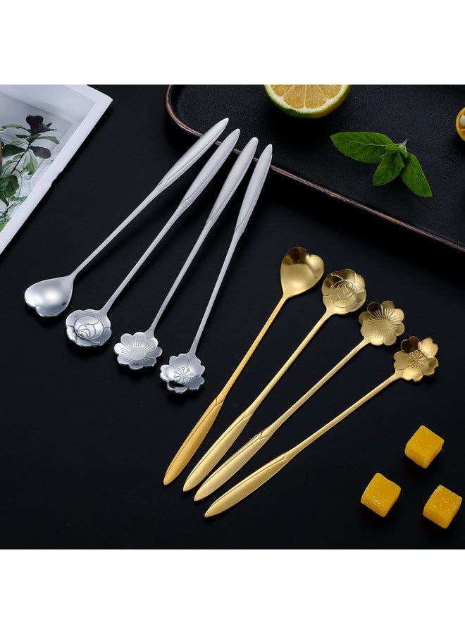 Stainless Steel Cherry Blossom Spoon Petal Long Handle Coffee Spoon Dessert Spoon Creative Cup Spoon Mixing Spoon Net Red Flower-shaped Long Spoon-Color:"Gold" 17CM-Specifications:Love Spoon