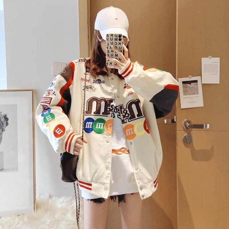 Spring Varsity Letter Embroidered Baseball Jacket Creamy-white