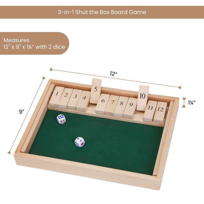 Bits and Pieces - Large Shut The Box Game - 3-in-1 Board Game - 12 Dice Board Game - Wooden Pub Tabletop Game Box - 2 Dice Included - Image 2
