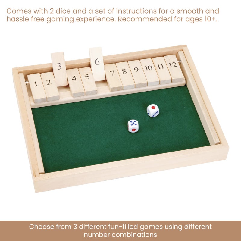 Bits and Pieces - Large Shut The Box Game - 3-in-1 Board Game - 12 Dice Board Game - Wooden Pub Tabletop Game Box - 2 Dice Included - Image 3