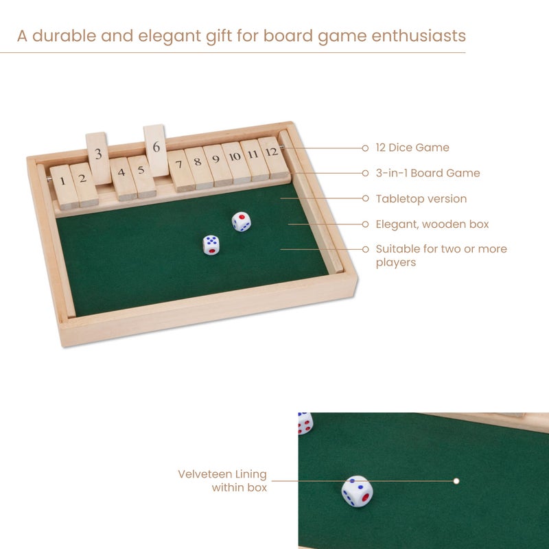 Bits and Pieces - Large Shut The Box Game - 3-in-1 Board Game - 12 Dice Board Game - Wooden Pub Tabletop Game Box - 2 Dice Included - Image 5