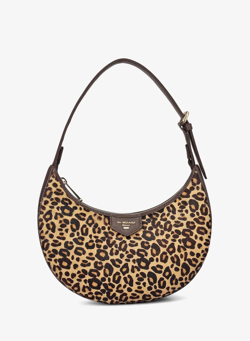Da Milano Da Milano Women's Wax-Finish Leather Shoulder Handbag with Zip Closure - Beige/Brown (LB-02223)