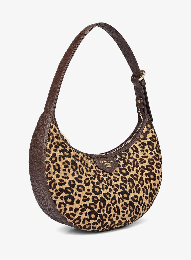 Da Milano Da Milano Women's Wax-Finish Leather Shoulder Handbag with Zip Closure - Beige/Brown (LB-02223)