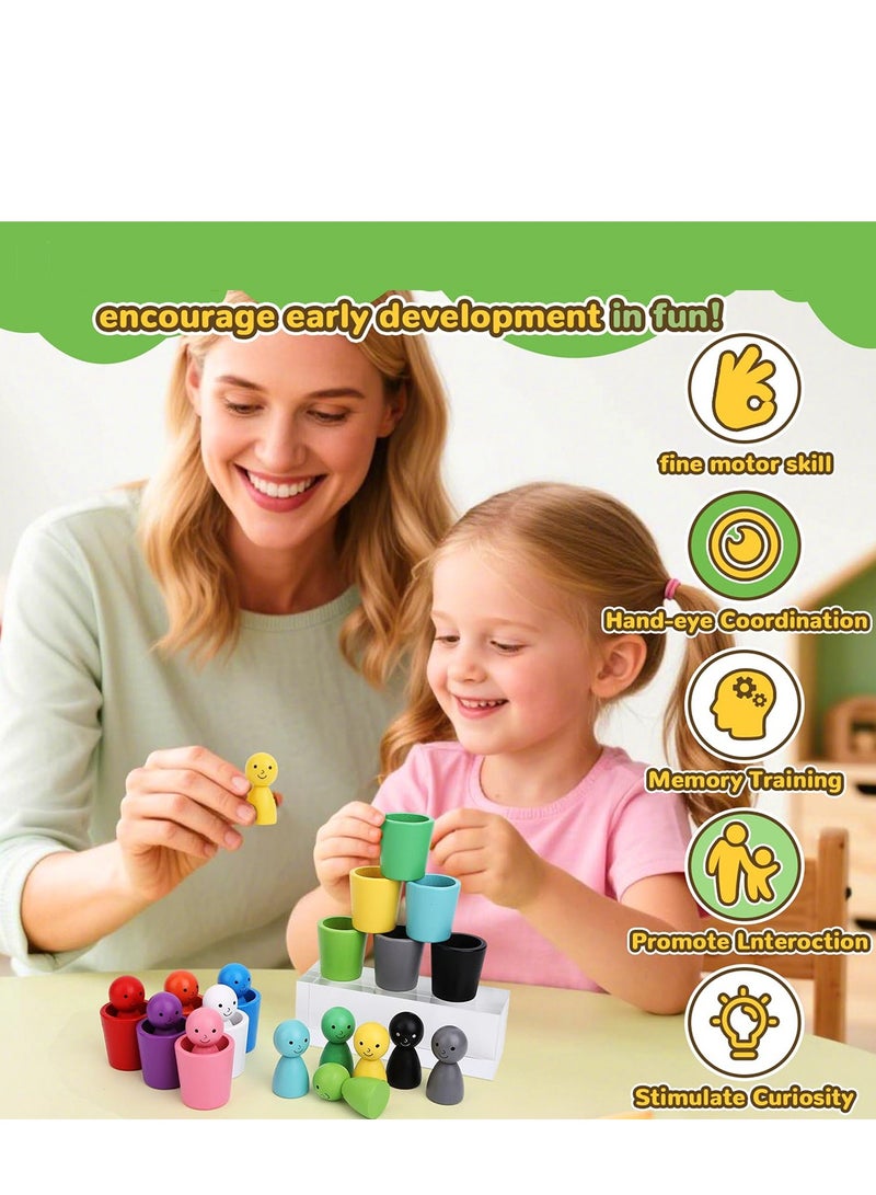 24pcs Color Sorting Cups, Wooden Color Sorting Sensory Toys, Stacking Cup Toys for Kids Ages 3-6, Preschool Learning Education Montessori Sensory Training Activity Toys - Image 2