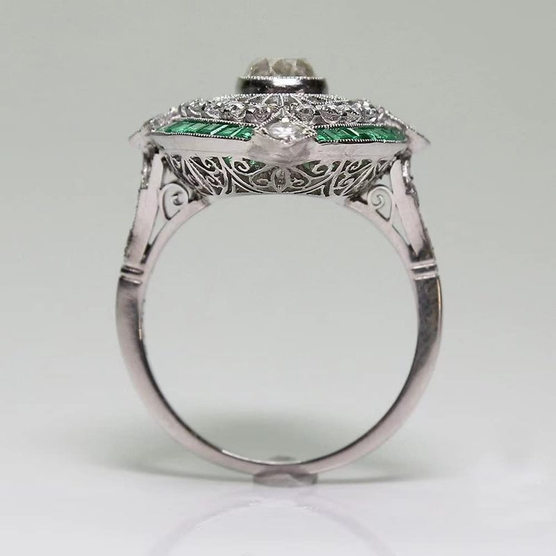 AZQ Vintage 925 Sterling Silver Emerald Ring Cocktail Rings Oval Cut Green Gem Cubic Zirconia Anniversary Promise Ring CZ Eternity Engagement Wedding Band Ring for Women TZ.83 (US Code 7) - Image 3