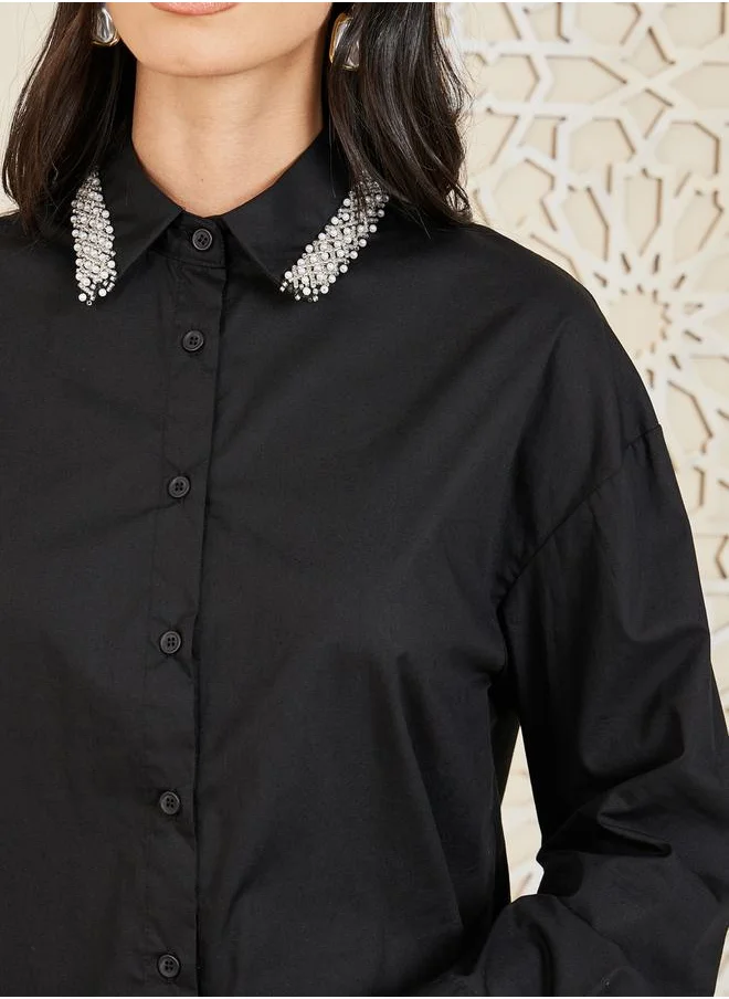 ستايلي Embellished Collar Drop Shoulder Poplin Shirt