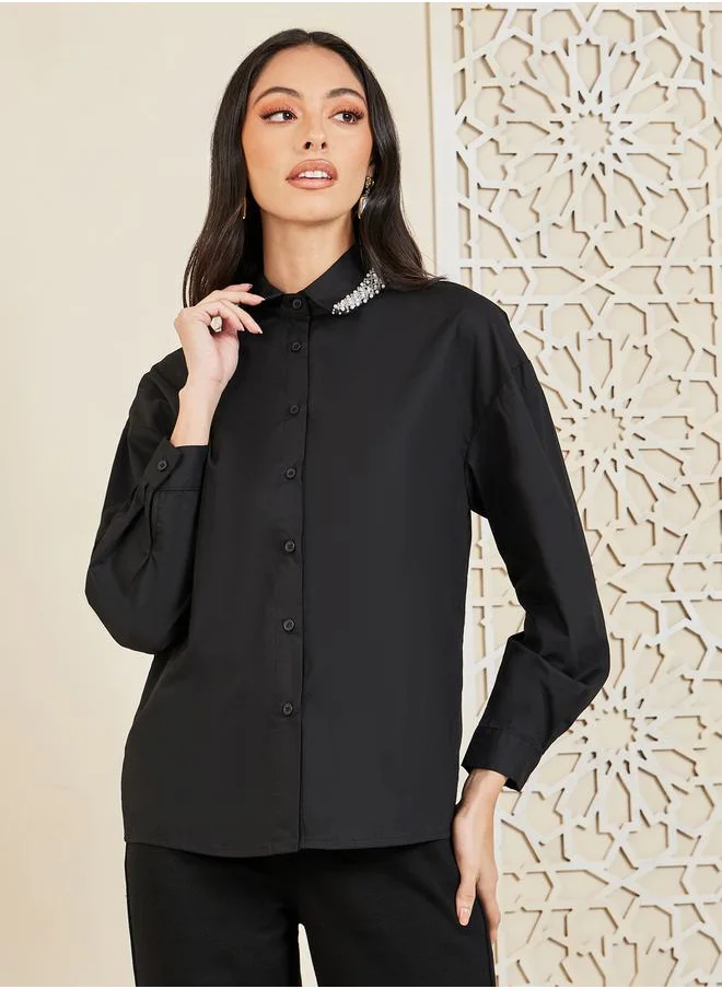ستايلي Embellished Collar Drop Shoulder Poplin Shirt