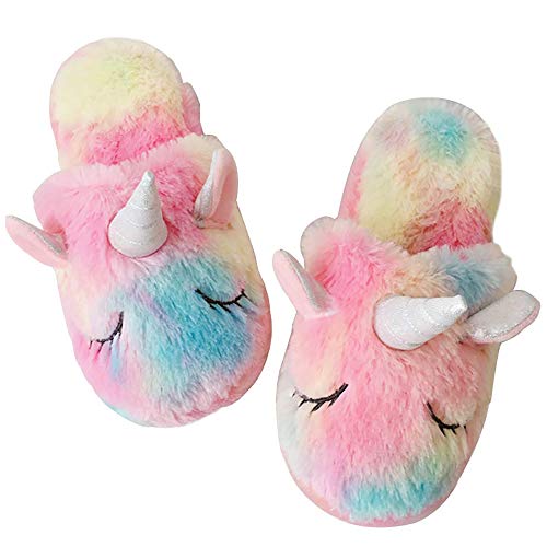 Techcity Rainbow Unicorn Kids Slippers - Cute Fluffy, Cozy Plush Indoor/Outdoor Unicorn Gifts - Image 1