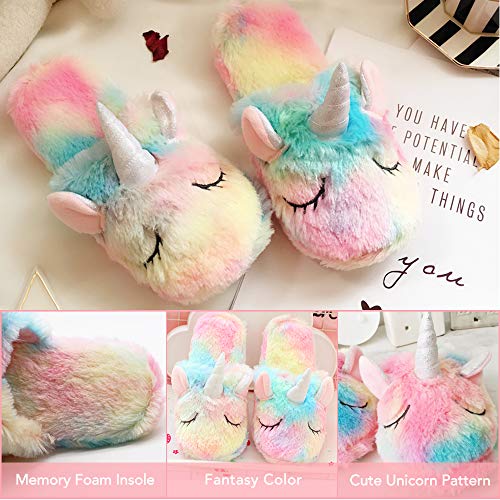Techcity Rainbow Unicorn Kids Slippers - Cute Fluffy, Cozy Plush Indoor/Outdoor Unicorn Gifts - Image 3