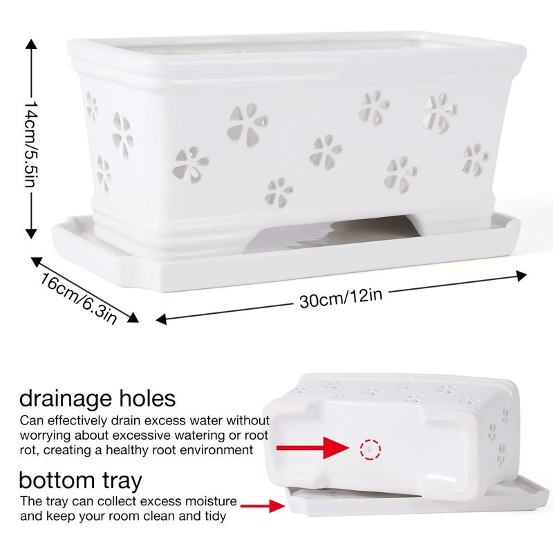 Lovely Ran Orchid Pot With Holes And Saucer - 12*6.3*5.3Inch Ceramic Large Pot Basin For Refilling - Indoor And Outdoor Use - Air Circulation - Image 2