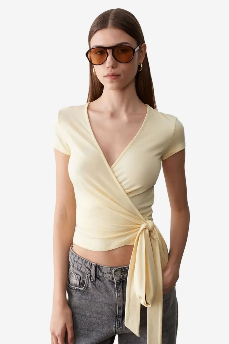 Dilvin DILVIN Crop Wrap Blouse With Tie Detail