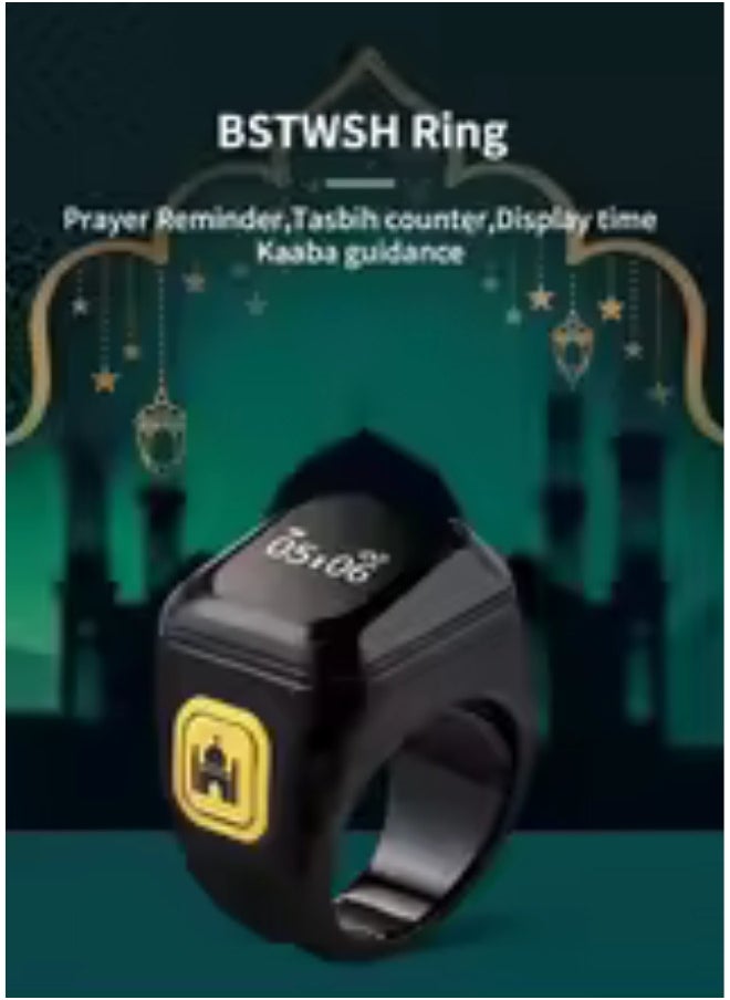Generic Iqibla Zikr Smart Ring Counter Tasbih For Muslim Tasbeeh Zikr Ring 5 Prayer Time Digital Counter Vibration Reminder Waterproof - Size 22 - Black  - Image 3