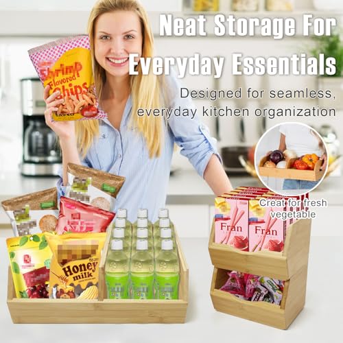 MinBoo Bamboo Stackable Pantry Storage Bins Potato and Onion Storage,Fruit Basket for Pantry Organization,Fruit Bowl for Kitchen Counter,Fruit and Vegetable Storage (Bamboo) - Image 4