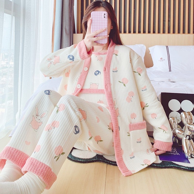 Postpartum Nursing Cotton Pajama Set 3180 apple cute rabbit three-piece set
