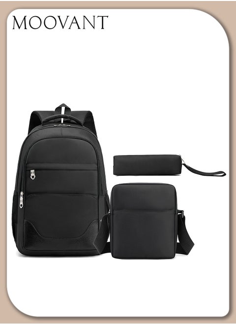 3-Piece Fashion Printed Backpack Set, Large Capacity School Bag Set, Leisure Travel Backpack Set, Waterproof and Wear-resistant, Lightweight and Breathable, Multi-layer Pockets with Zippers, Black