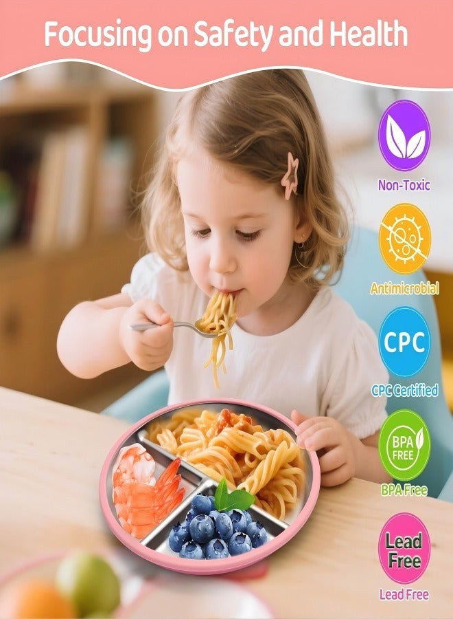 iMissiu Stainless Steel Baby Plates with Suction Cup 2 Pack Divided Children’s Plates Non-Slip Unbreakable with Removable Silicone Cover for Kids Pink and Cream Beige Everyday Use - Image 2