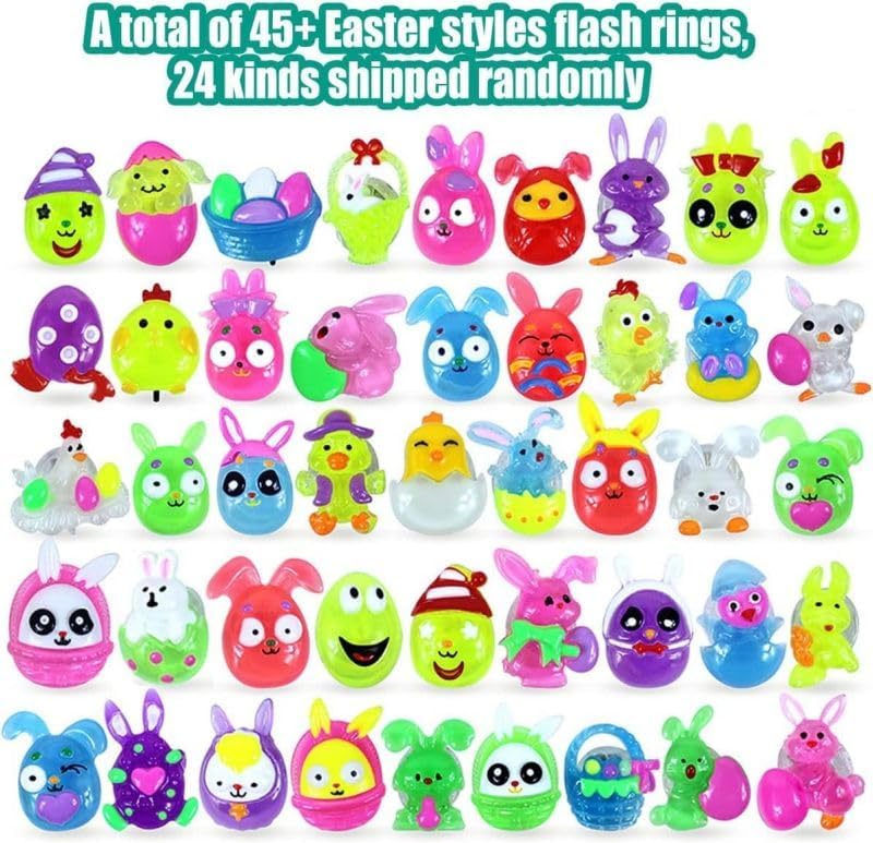 Cherislpy 24 Pack Prefilled Easter Eggs with 3D Finger Lights Up Rings Toys Grow in the Dark Great for Kids Girls Boys Easter Basket Stuffers Party Favors Eggs Fillers - Image 5