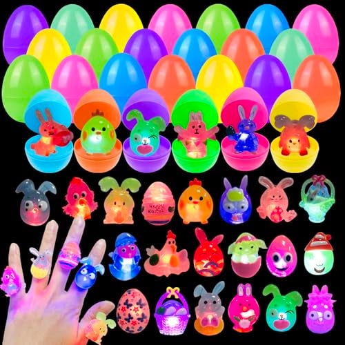 Cherislpy 24 Pack Prefilled Easter Eggs with 3D Finger Lights Up Rings Toys Grow in the Dark Great for Kids Girls Boys Easter Basket Stuffers Party Favors Eggs Fillers - Image 1