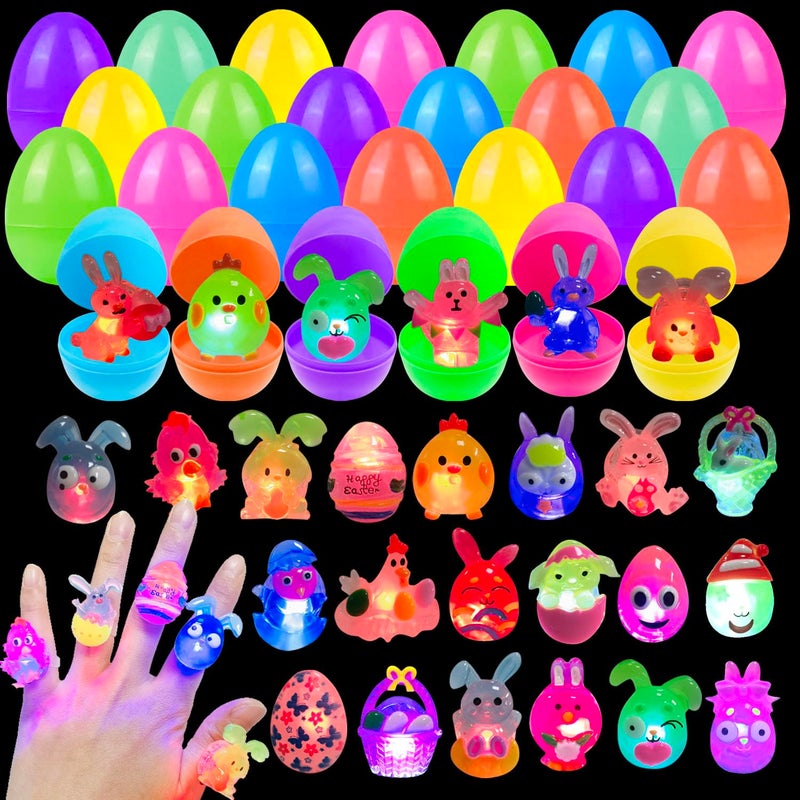 Cherislpy 24 Pack Prefilled Easter Eggs with 3D Finger Lights Up Rings Toys Grow in the Dark Great for Kids Girls Boys Easter Basket Stuffers Party Favors Eggs Fillers - Image 3