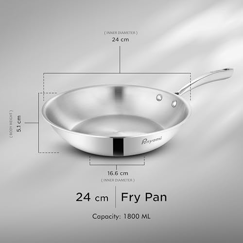 Punyami Triply Stainless Steel Frying Pan (24cm, 1.8L), 2.5mm Heavy Duty Induction Bottom Skillet with Riveted Handle, Chemical-Free Uncoated Healthy Cookware, 5 Years Warranty, Silver - Image 3