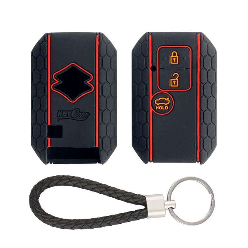 KCARE Silicone Key Cover for Victoris, Ertiga, Swift, Dzire 3 Button Smart Key (Push Button Start Models only) (Black with KC Mini Black Keyring) - Image 1