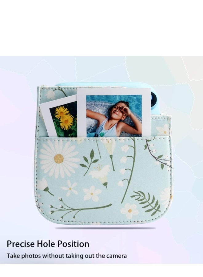 Camera Bag Camera Protection Bag Vintage Floral PU Leather Camera Storage Bag with Shoulder Strap for Instax Mini 11 Fresh Green Small Daisy Camera Bag - Image 4