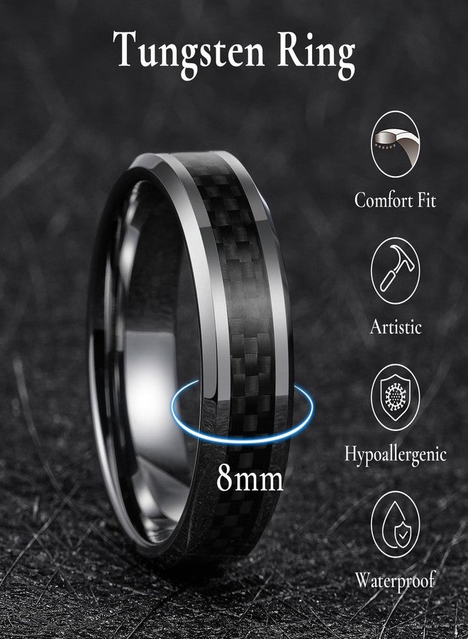 King Will 8mm Silver Tungsten Carbide Rings for Men Men's Wedding Band with Black Carbon Fiber Inlaid Beveled Edge High Polished Finish Gentleman Comfit Fit, Size 10 - Image 2