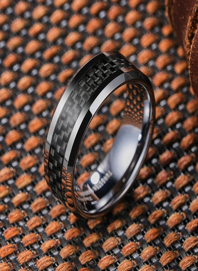 King Will 8mm Silver Tungsten Carbide Rings for Men Men's Wedding Band with Black Carbon Fiber Inlaid Beveled Edge High Polished Finish Gentleman Comfit Fit, Size 10 - Image 3