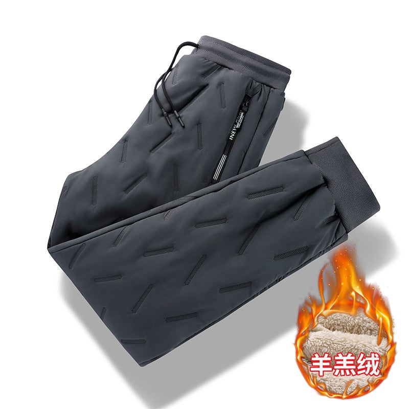 Printed Logo Lamb Fleece Casual Pants Mens Winter Thickened Warm plus size Loose Sports Leg Bundles Down Cotton Pants Black straight  - Image 4