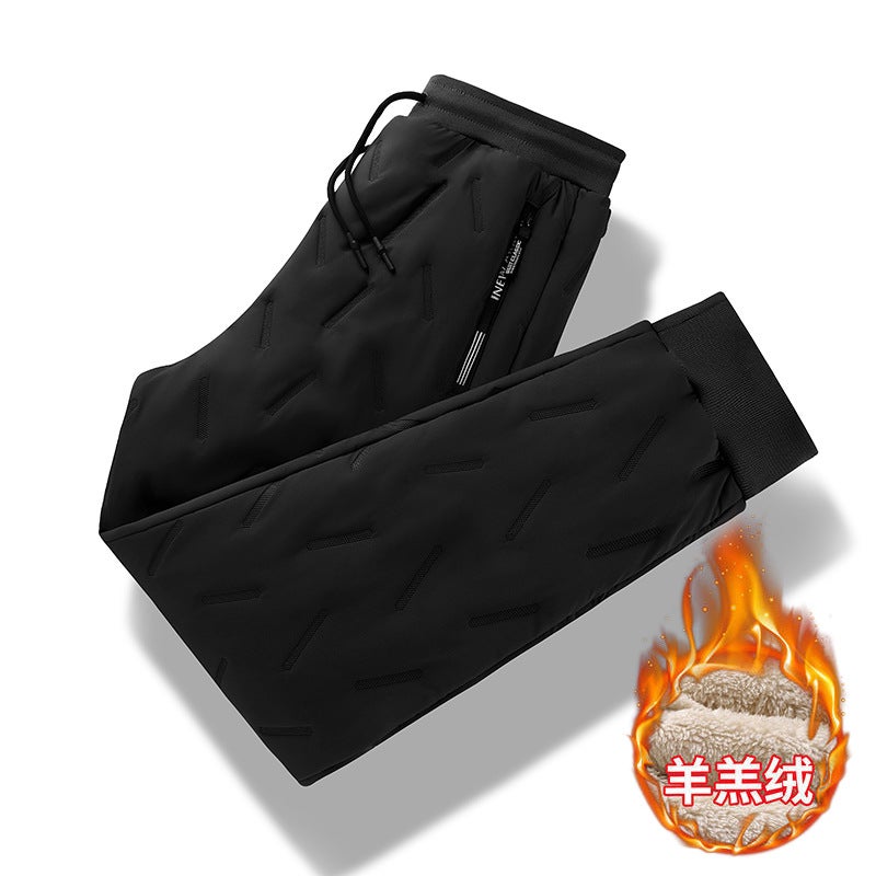 Printed Logo Lamb Fleece Casual Pants Mens Winter Thickened Warm plus size Loose Sports Leg Bundles Down Cotton Pants Black straight  - Image 2